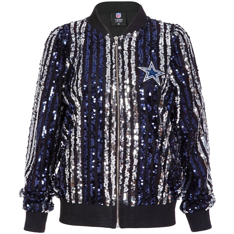 Blouson aviateur slim à rayures et paillettes bleu marine pour femme des Cowboys de Dallas, coupe ajustée entièrement zippé