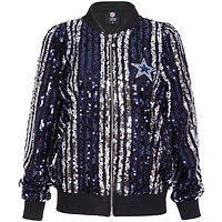 Blouson aviateur slim à rayures et paillettes bleu marine pour femme des Cowboys de Dallas, coupe ajustée entièrement zippé