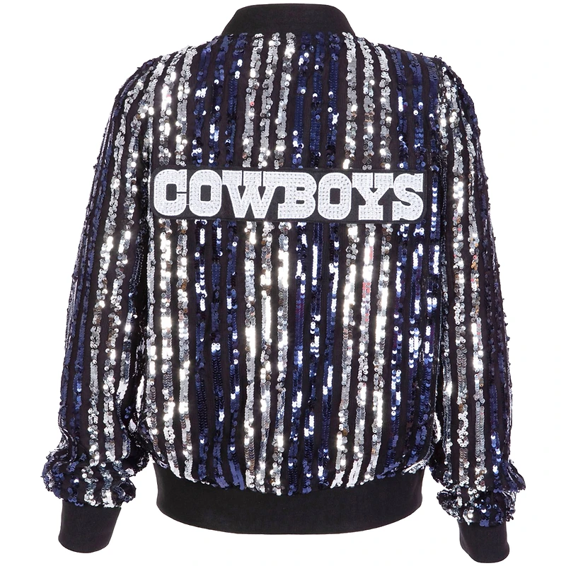 Blouson aviateur slim à rayures et paillettes bleu marine pour femme des Cowboys de Dallas, coupe ajustée entièrement zippé