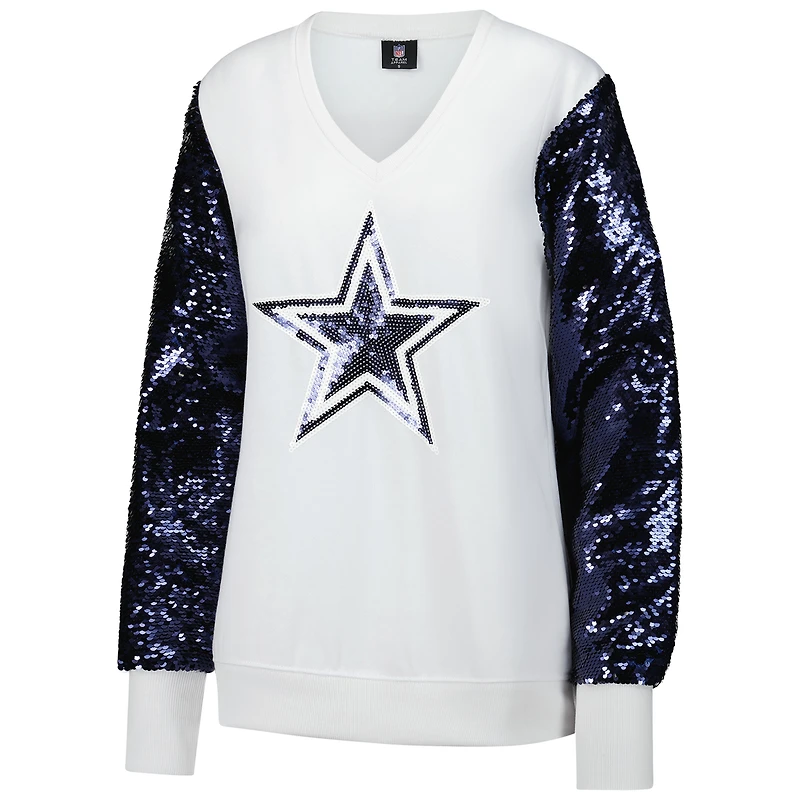 Sweat-shirt à col en V et manches sequins pour femme Cuce White Dallas Cowboys