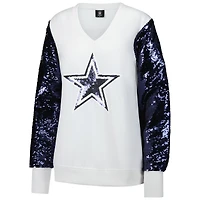 Sweat-shirt à col en V et manches sequins pour femme Cuce White Dallas Cowboys