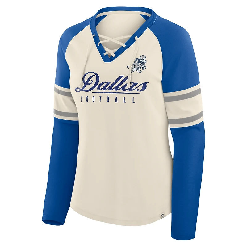 T-shirt à manches longues et col en V lacets raglan pour femme Fanatics crème/bleu royal Dallas Cowboys Gridiron Hero