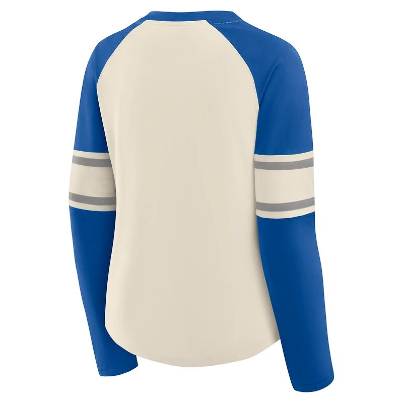 T-shirt à manches longues et col en V lacets raglan pour femme Fanatics crème/bleu royal Dallas Cowboys Gridiron Hero