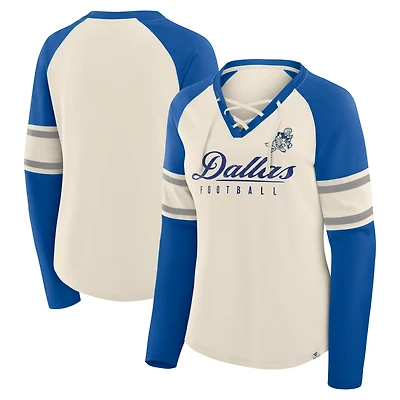 T-shirt à manches longues et col en V lacets raglan pour femme Fanatics crème/bleu royal Dallas Cowboys Gridiron Hero