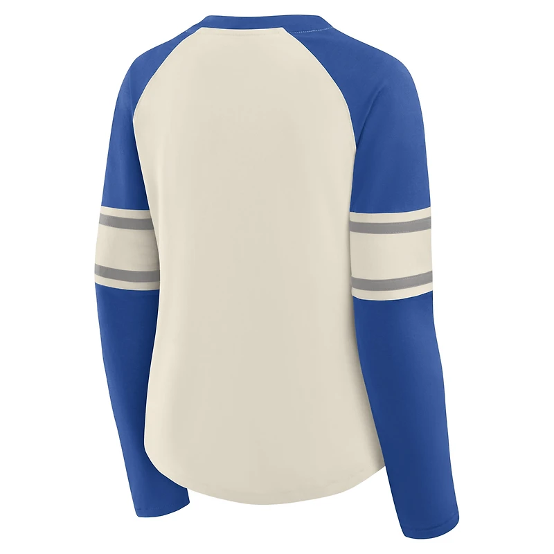 T-shirt à manches longues et col en V lacets pour femme Fanatics crème/bleu royal Dallas Cowboys Hometown Gridiron Hero