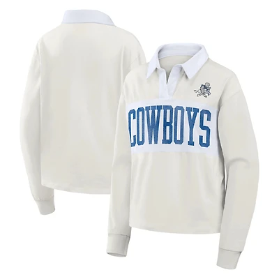 Women's Fanatics Cream Dallas Cowboys Heritage Play Action Rugby Long Sleeve Polo