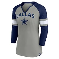 T-shirt Fanatics pour femmes, gris/bleu marine, Dallas Cowboys Team Arch Raglan, manches 3/4, col cranté