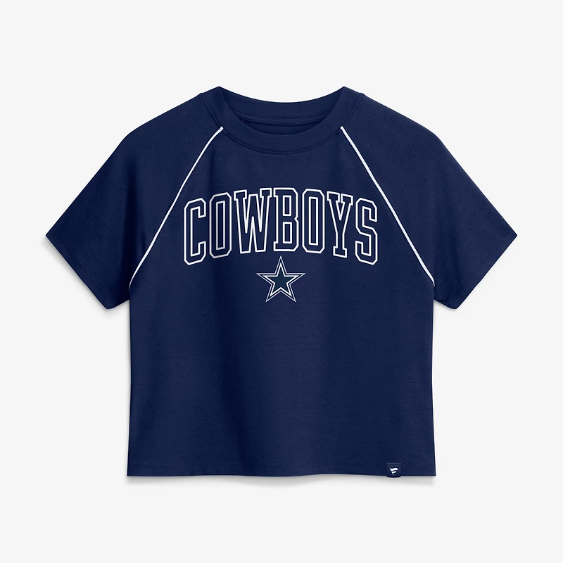 Haut court raglan tri-blend bleu marine pour femme, motif offensif des Dallas Cowboys (Fanatics).