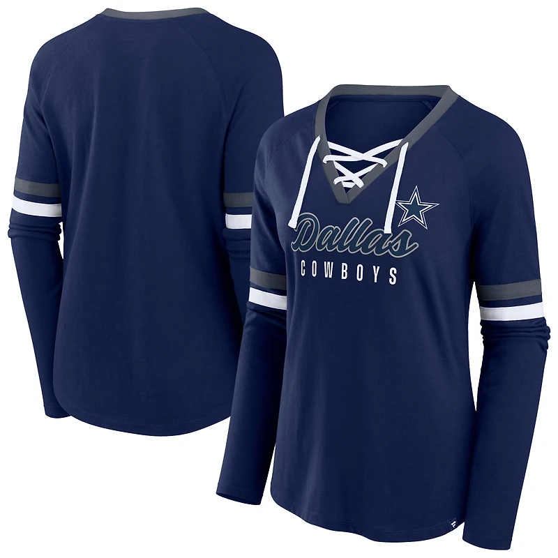 T-shirt à manches longues et col en V lacets pour femmes Fanatics Navy Dallas Cowboys grande taille Won & Done