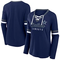 T-shirt à manches longues et col en V lacets pour femmes Fanatics Navy Dallas Cowboys grande taille Won & Done