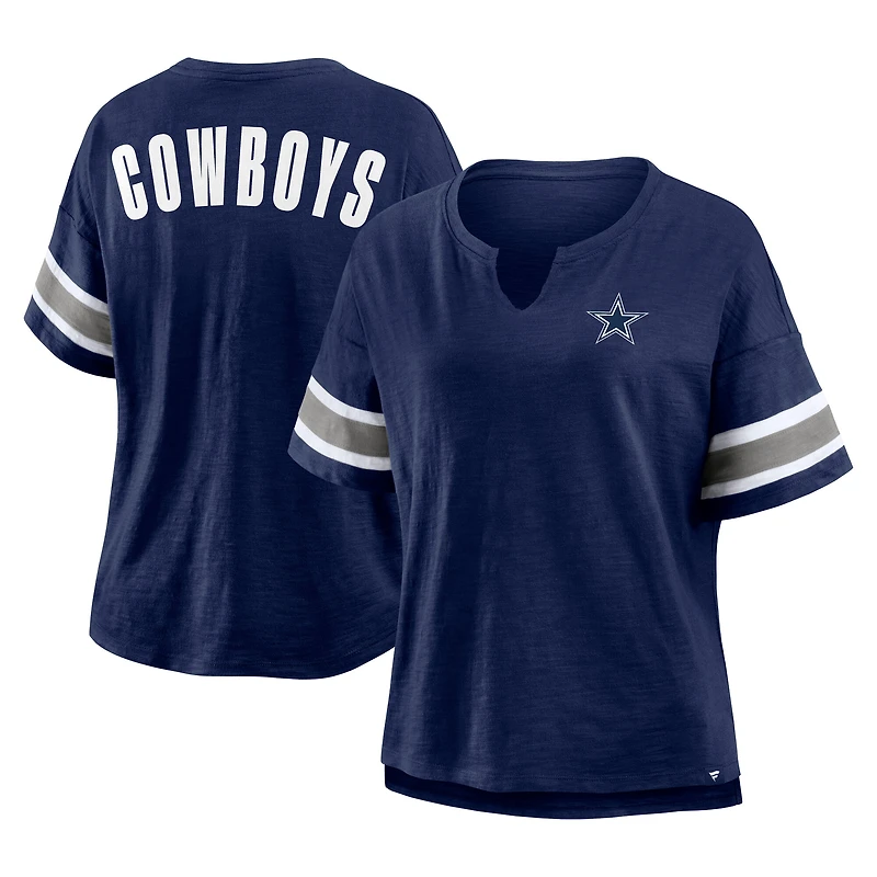 T-shirt Fanatics bleu marine pour femme, manches à rayures scintillantes et col cranté, Dallas Cowboys Redzone