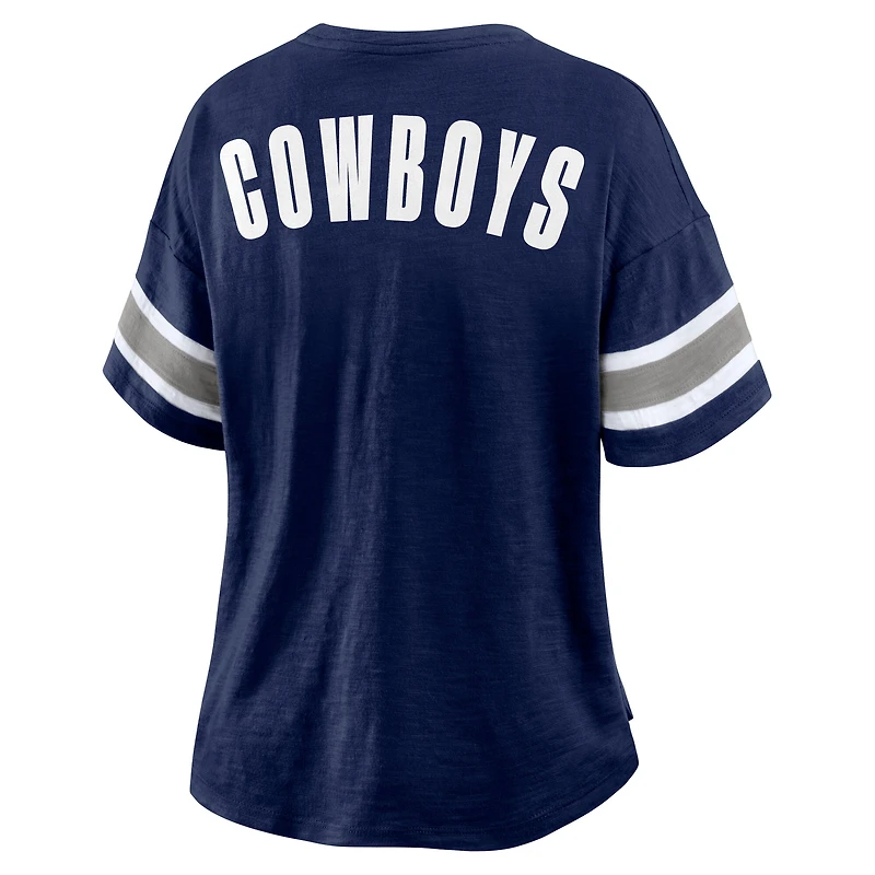 Women's Fanatics Navy Dallas Cowboys Redzone Bling Stripe Sleeve Notch Neck T-Shirt