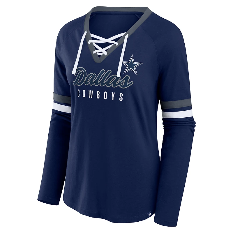 Women's Fanatics Navy Dallas Cowboys Won and Done Lace-Up Long Sleeve Fashion Top