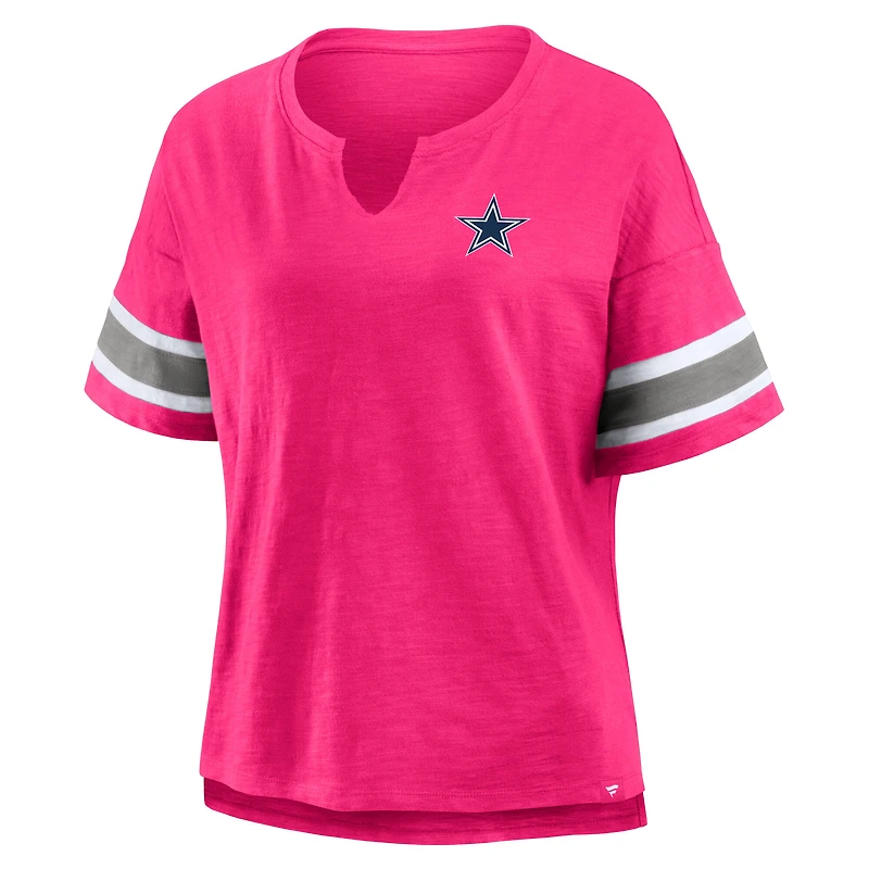 Women's Fanatics Pink Dallas Cowboys Redzone Bling Stripe Sleeve Notch Neck T-Shirt