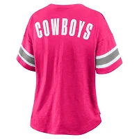Women's Fanatics Pink Dallas Cowboys Redzone Bling Stripe Sleeve Notch Neck T-Shirt