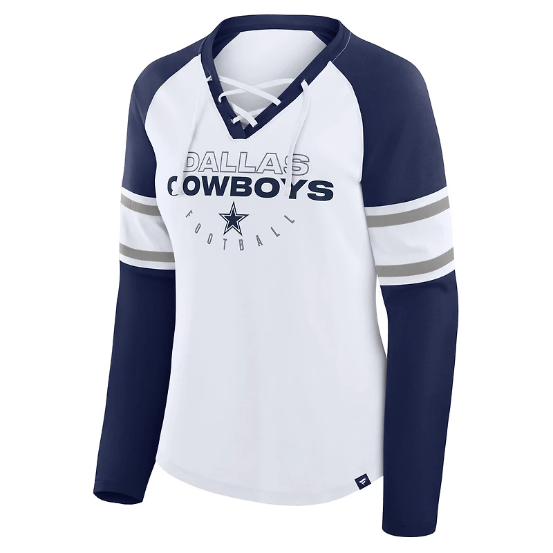 Women's Fanatics White/Navy Dallas Cowboys Redzone Blitz Package Raglan Lace-Up V-Neck Long Sleeve T-Shirt