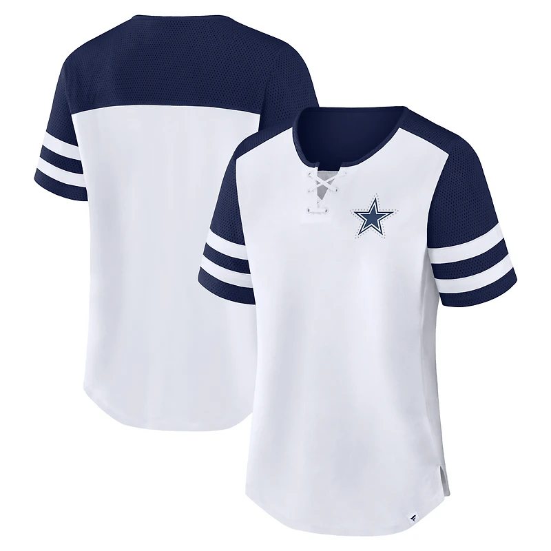 T-shirt à lacets Fanatics blanc/marine Dallas Cowboys Touchdown Pass Athena pour femmes