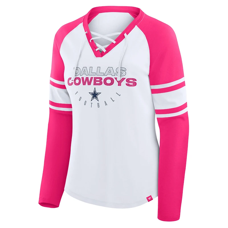 Women's Fanatics White/Pink Dallas Cowboys Redzone Rhinestone Bling Lace Up Long Sleeve T-shirt