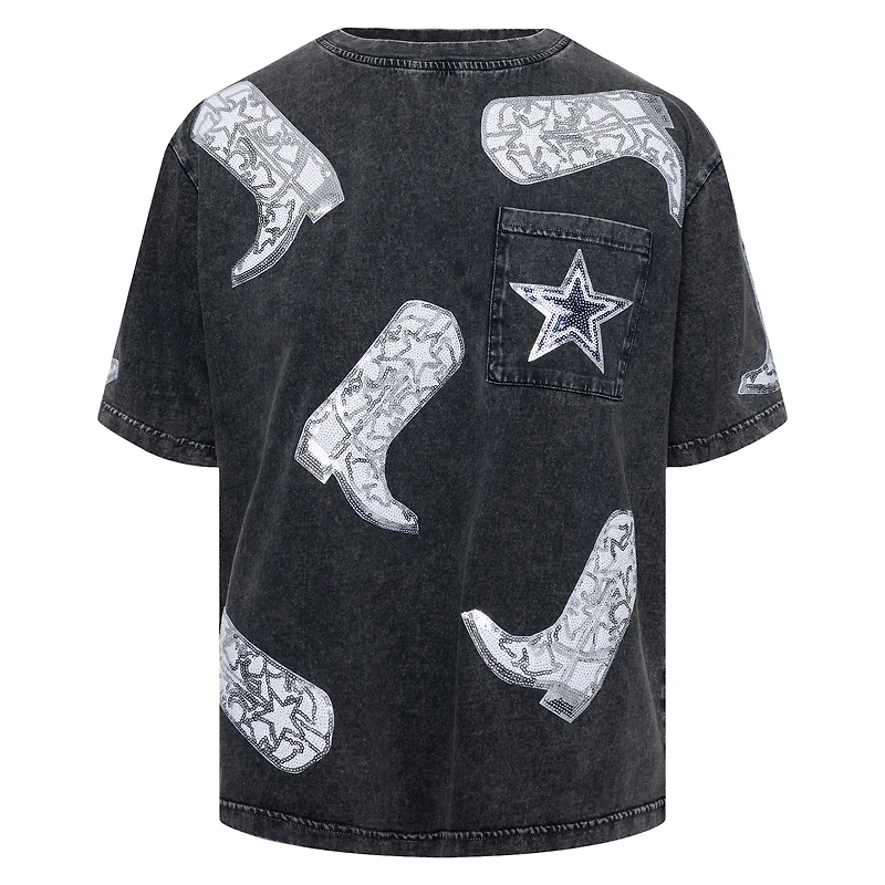 T-shirt oversize à paillettes pour femme Gameday Couture gris avec motif pom-pom girls des Cowboys de Dallas
