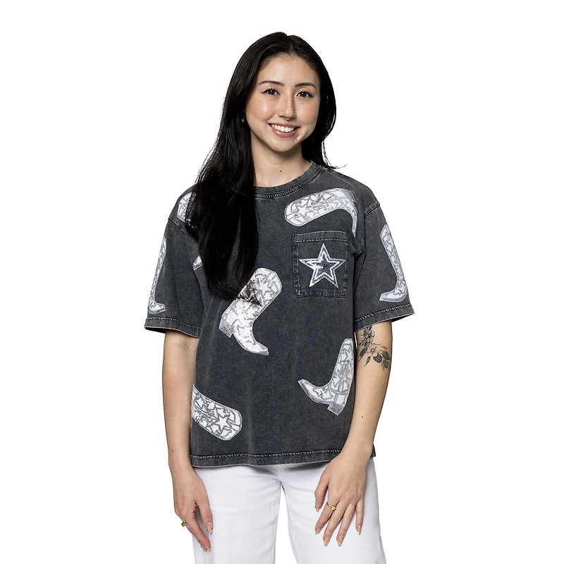 T-shirt oversize à paillettes pour femme Gameday Couture gris avec motif pom-pom girls des Cowboys de Dallas