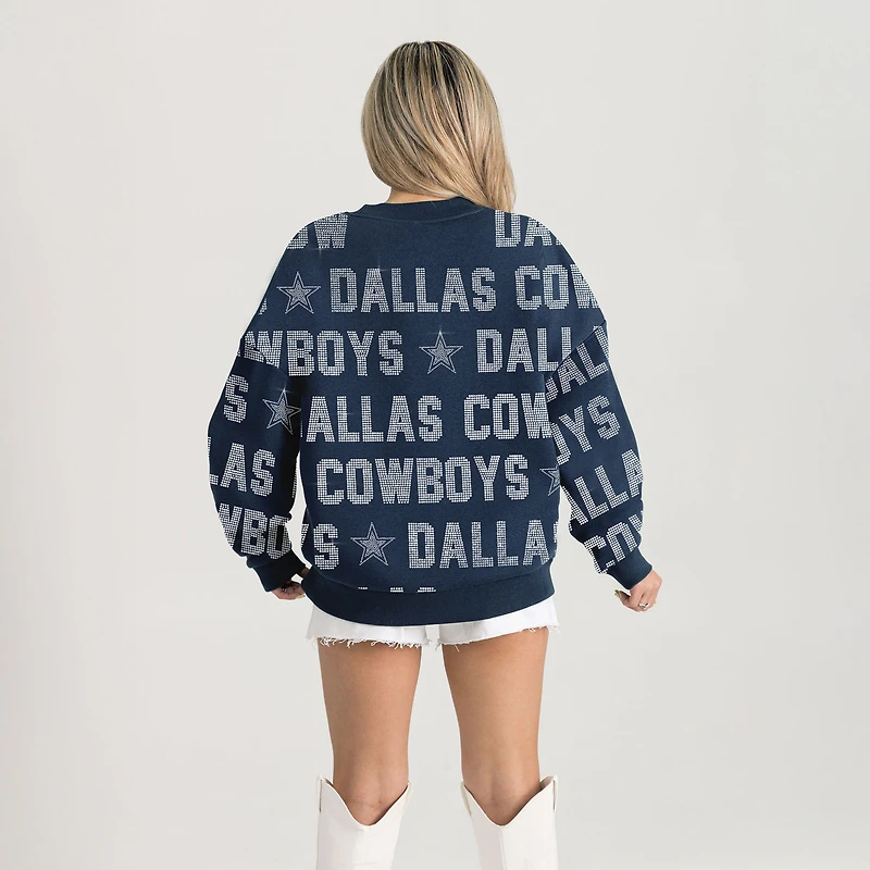 Women's Gameday Couture Navy Dallas Cowboys Oversized Hype Era Rhinestone Text Sweatshirt