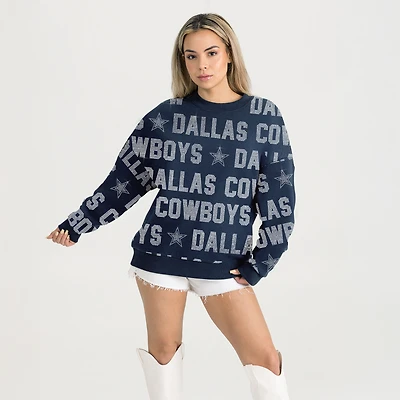 Women's Gameday Couture Navy Dallas Cowboys Oversized Hype Era Rhinestone Text Sweatshirt