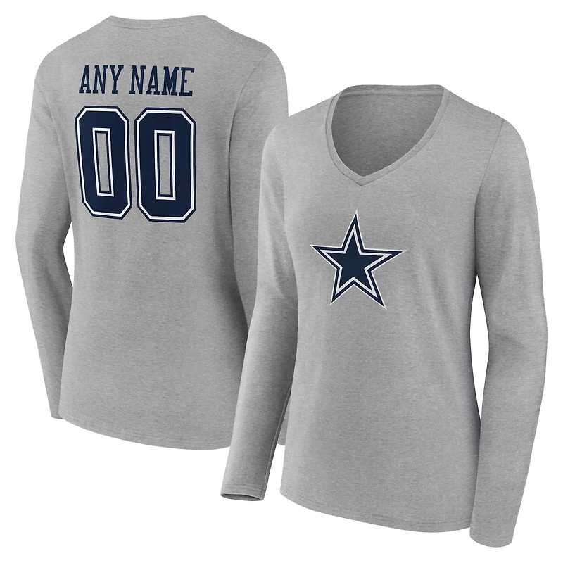 Women's Gray Dallas Cowboys Team Authentic Personalized Name & Number Long Sleeve V-Neck T-Shirt