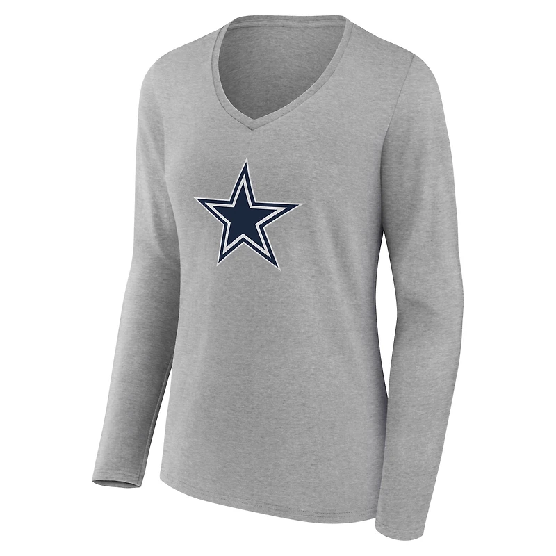 T-shirt à manches longues et col en V authentique personnalisé avec nom numéro des Dallas Cowboys pour femmes, gris