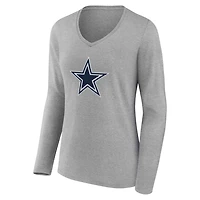 T-shirt à manches longues et col en V authentique personnalisé avec nom numéro des Dallas Cowboys pour femmes, gris