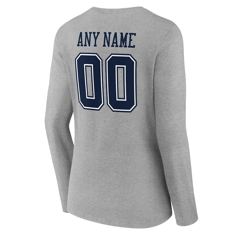 T-shirt à manches longues et col en V authentique personnalisé avec nom numéro des Dallas Cowboys pour femmes, gris