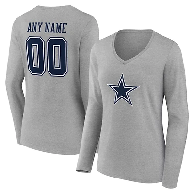 T-shirt à manches longues et col en V authentique personnalisé avec nom numéro des Dallas Cowboys pour femmes, gris