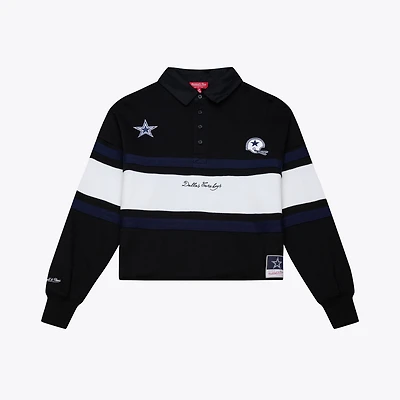 Women's Mitchell & Ness  Black Dallas Cowboys Cropped Long Sleeve Rugby Polo