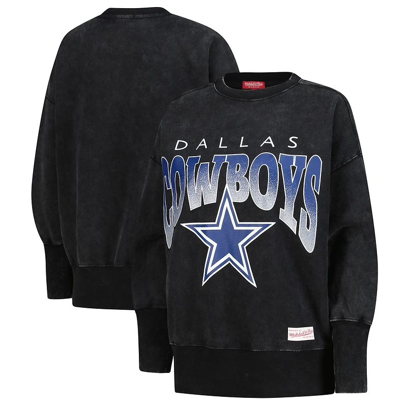 Women's Mitchell & Ness Black Dallas Cowboys Delineate Mineral Wash Crewneck Sweatshirt
