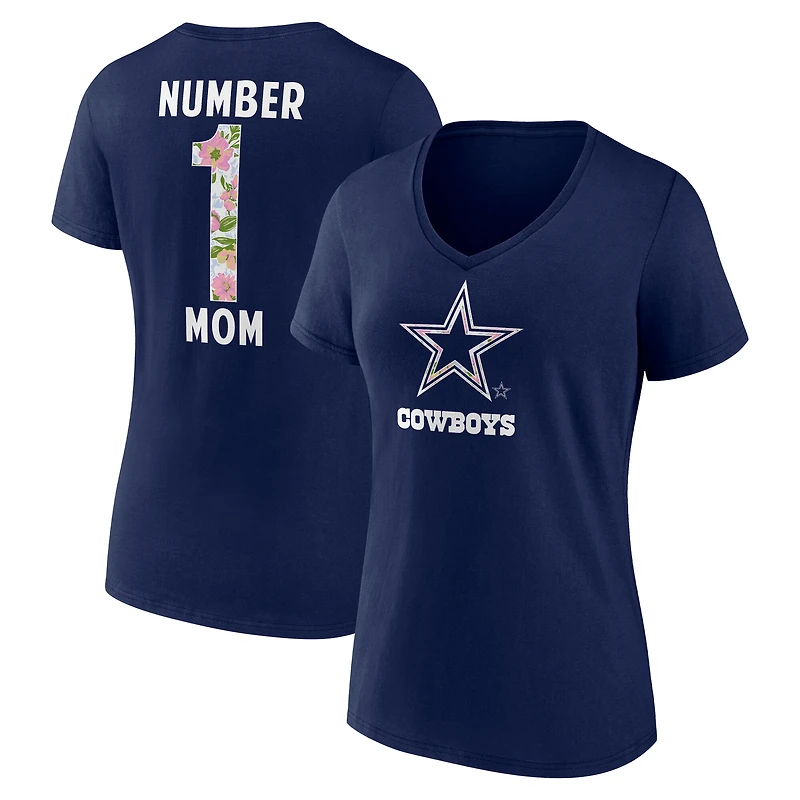 Women's  Navy Dallas Cowboys Floral Number 1 Mom V-Neck T-Shirt