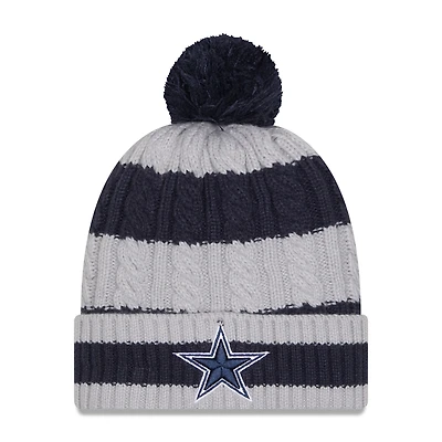 Bonnet en tricot tressé à revers et pompon pour femme New Era bleu marine Dallas Cowboys