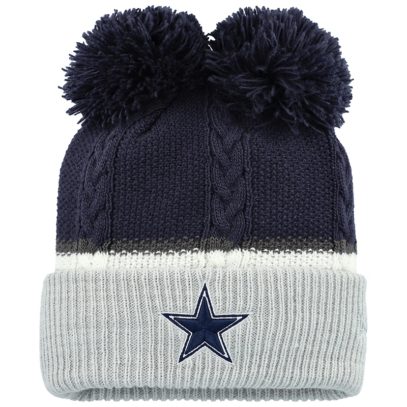 Bonnet en tricot à revers à double bulle avec pompons Dallas Cowboys New Era bleu marine pour femme