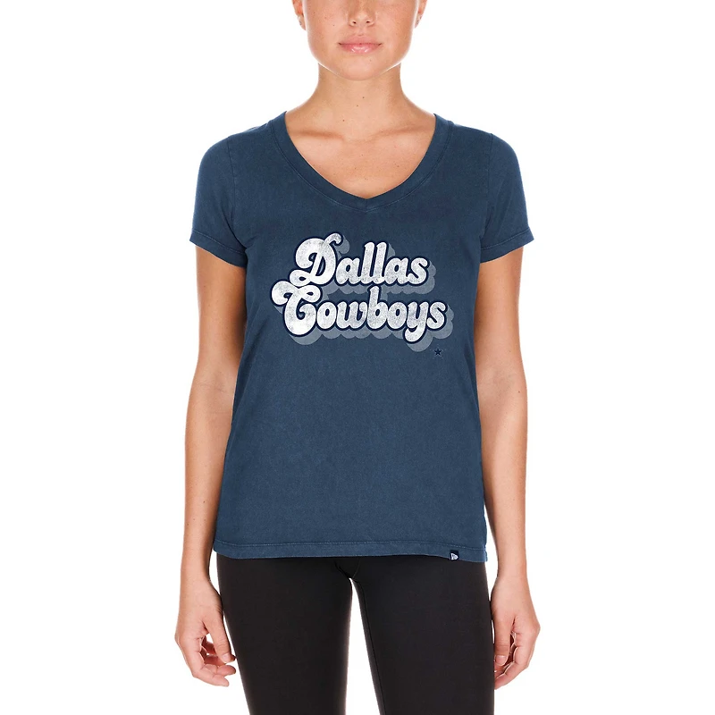 T-shirt à col en V bas New Era pour femmes, bleu marine, Dallas Cowboys, lavage aux enzymes