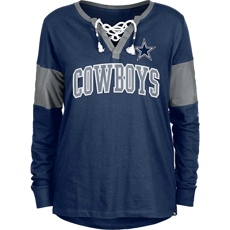 Women's New Era Navy Dallas Cowboys Lace-Up Notch-Neck Long Sleeve T-Shirt