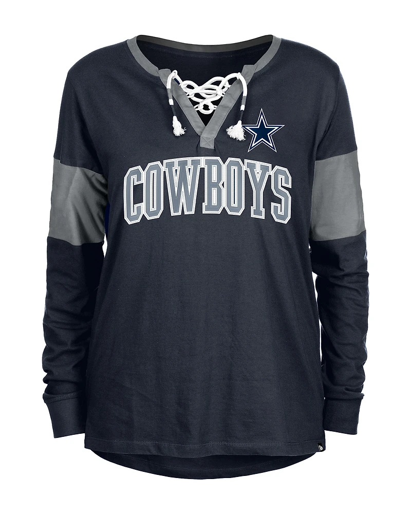 Women's New Era Navy Dallas Cowboys Lace-Up Notch-Neck Long Sleeve T-Shirt
