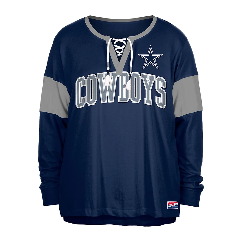 T-shirt à manches longues New Era bleu marine Dallas Cowboys pour femme, grande taille, col cranté et lacets