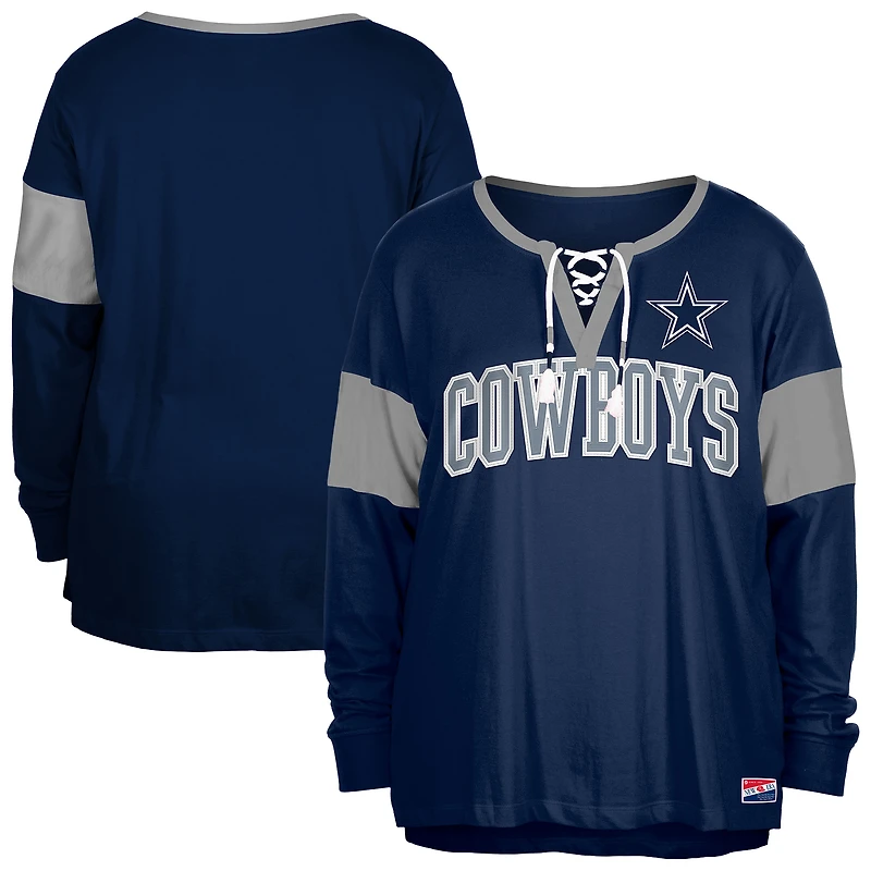 Women's New Era Navy Dallas Cowboys Plus Lace-Up Notch Neck Long Sleeve T-Shirt