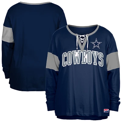Women's New Era Navy Dallas Cowboys Plus Lace-Up Notch Neck Long Sleeve T-Shirt