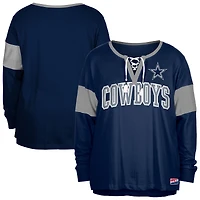 Women's New Era Navy Dallas Cowboys Plus Lace-Up Notch Neck Long Sleeve T-Shirt