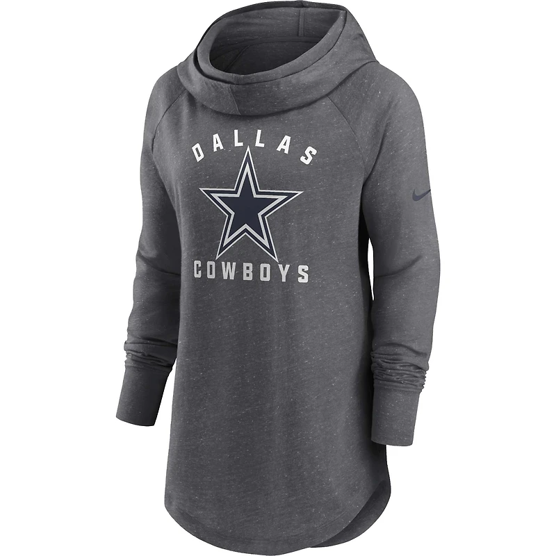 Sweat à capuche et col cheminée raglan Nike Dallas Cowboys Primetime pour femme, gris chiné