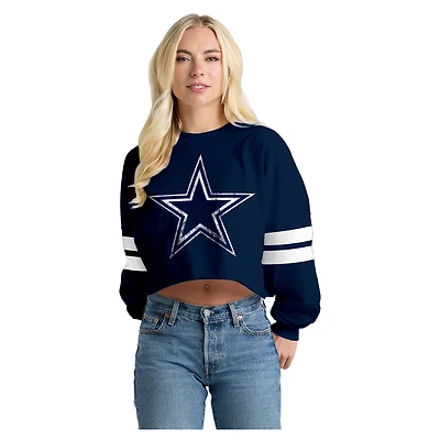 T-shirt à manches longues rayé oversize court bleu marine des Dallas Cowboys pour femmes