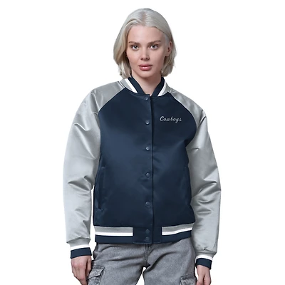 Veste universitaire vintage en satin à boutons-pression pour femme, bleu marine/argent, des Cowboys de Dallas