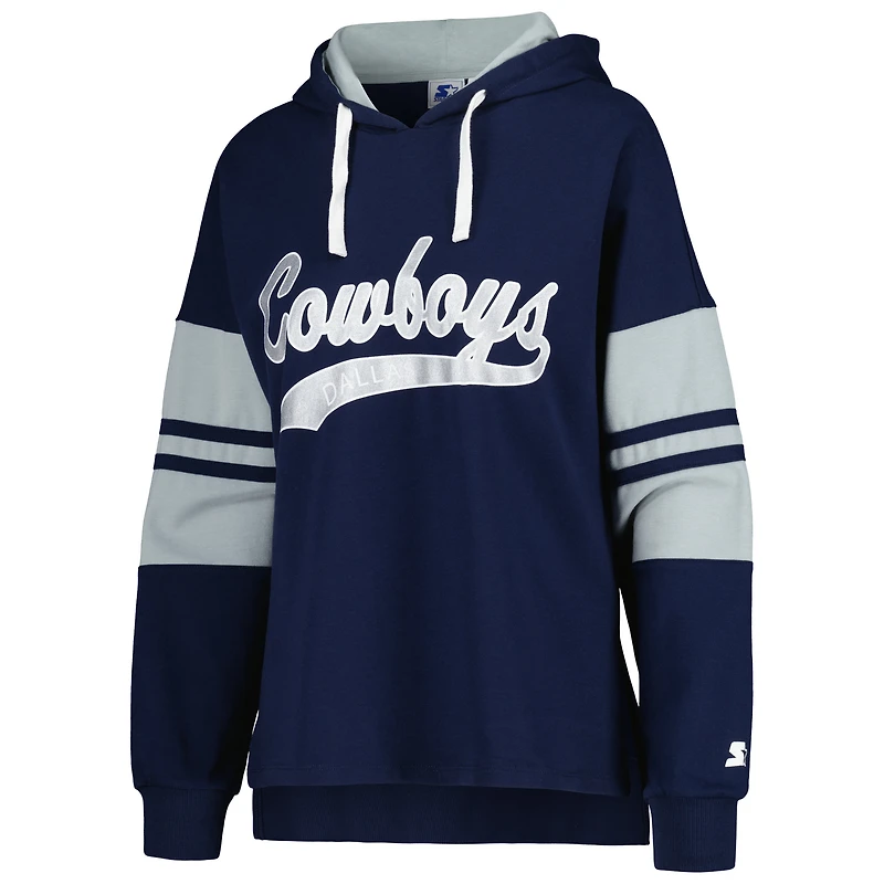Women's Starter Navy Dallas Cowboys Bump And Run Long Sleeve Hoodie T-Shirt