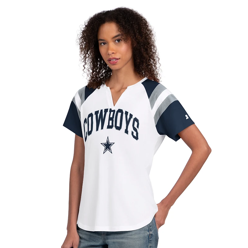 T-shirt Starter blanc pour femme, Dallas Cowboys Game On, col cranté