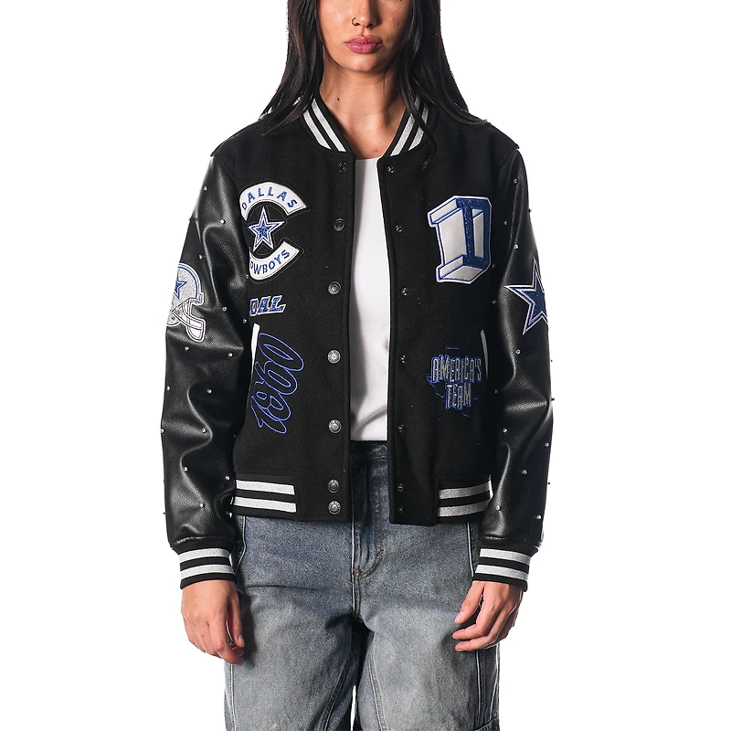 Women's The Wild Collective Black Dallas Cowboys Varsity Full-Snap Sparkle Jacket