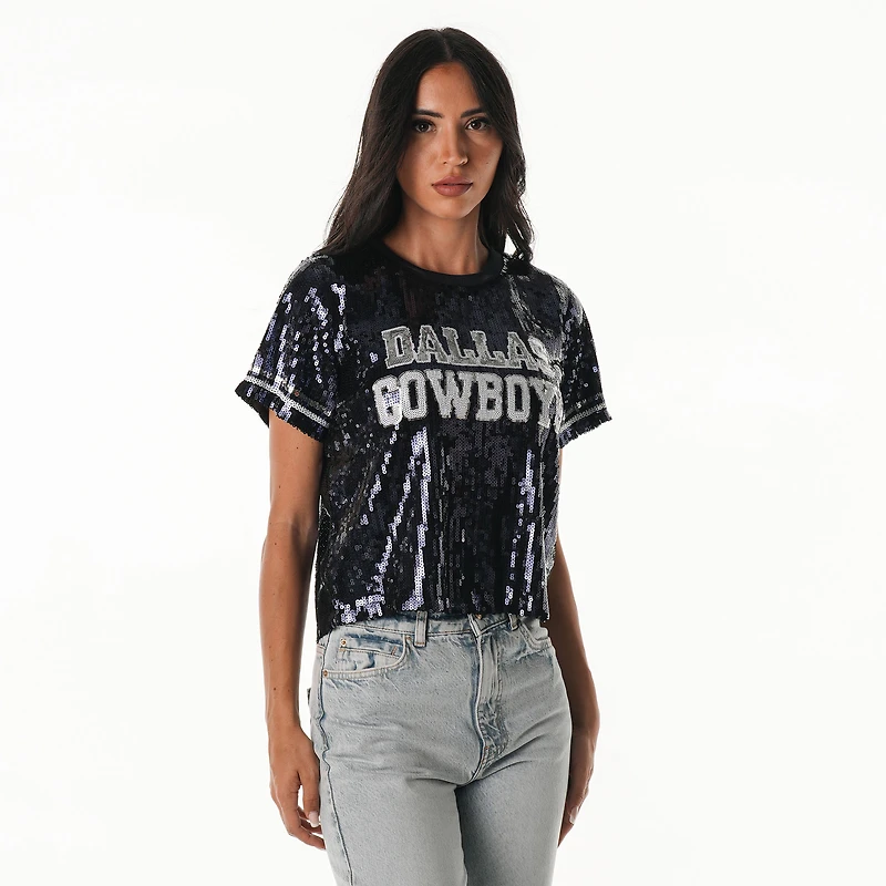 Women's The Wild Collective Navy Dallas Cowboys Practice Sequin Cropped T-Shirt
